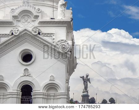 Detail view of one of the towers of the metropolitan cathedral at the historic center of Quito in Ecuador.