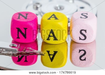 NAS letter cubes on harddisk concept background