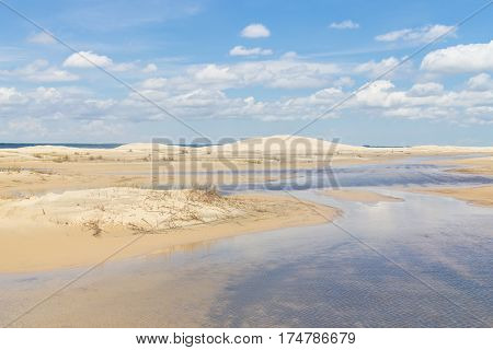 Dunes, vegetation and puddle of Mostardas beach