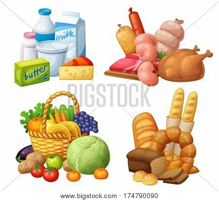 Natural supermarket food sets: Dairy products, Meat sausages chicken, Grocery fruits and vegetables, Bakery. Cartoon vector illustration.
