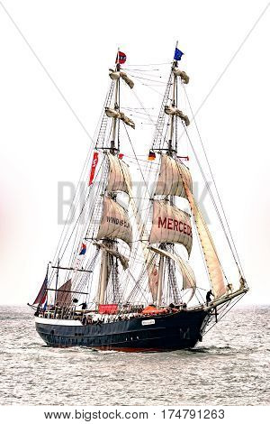 Rostock, Germany - August 2016: Sailing ship Mercedes on the sea. Hanse-Sail Warnemuende at port Rostock, Mecklenburg-Vorpommern, Germany. Tall Ship.Yachting and Sailing travel. Cruises and holidays