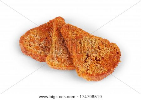 Pile of rye croutons isolated on white