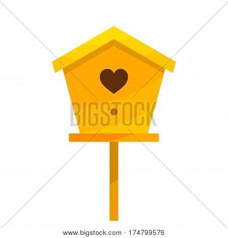 Yellow cardboard birdhouse on a white background. Isolate. Bird house with the heart. Stock vector