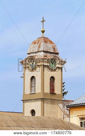 View of tower with clock of Saint Anna's roman catholic church (1802), Khust, Ukraine