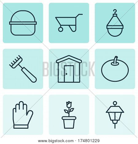 Set Of 9 Garden Icons. Includes Rake, Package, Lantern And Other Symbols. Beautiful Design Elements.