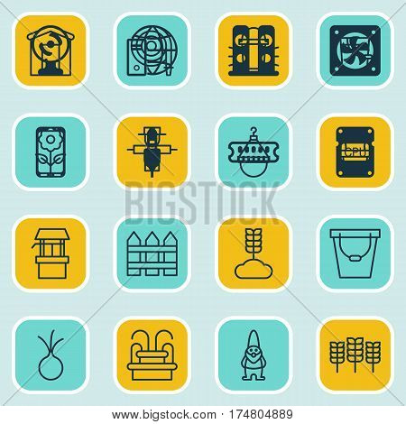Set Of 16 Planting Icons. Includes Water Monument, Cereal, Bush Pot And Other Symbols. Beautiful Design Elements.