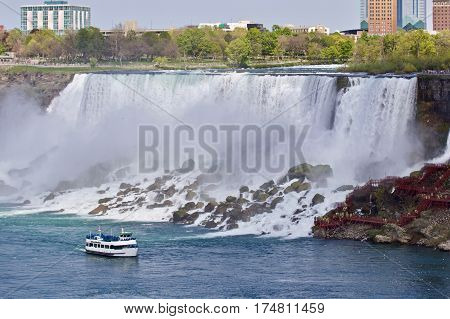 Beautiful Background With A Ship And Amazing Niagara Waterfall