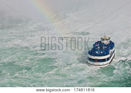 Beautiful Isolated Photo Of A Ship Near Amazing Niagara Waterfall