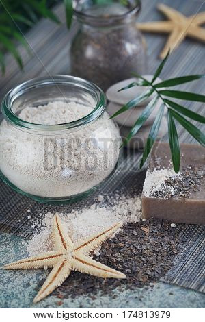 Natural ingredients for homemade facial and body mask scrub. White clay and natural homemade soap. Spa and bodycare concept.