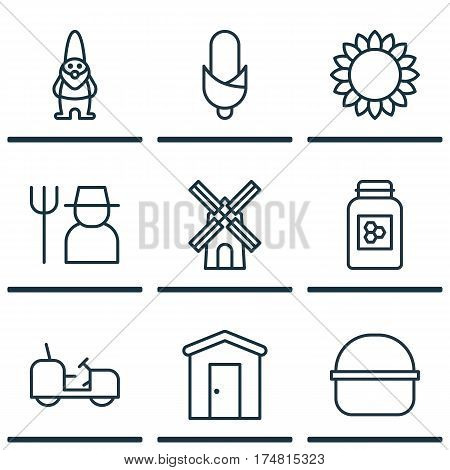 Set Of 9 Farm Icons. Includes Grower, Maize, Helianthus And Other Symbols. Beautiful Design Elements.
