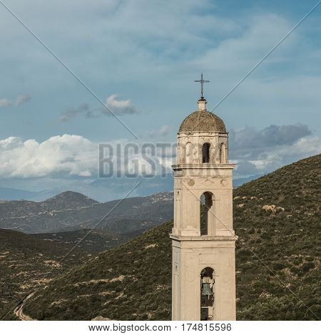Bell tower of church in ancient village of Palasca in the Balagne region of Corsica
