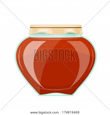 Image of a glass jar with a dark honey and the paper cover. Cartoon style. Stock vector illustration