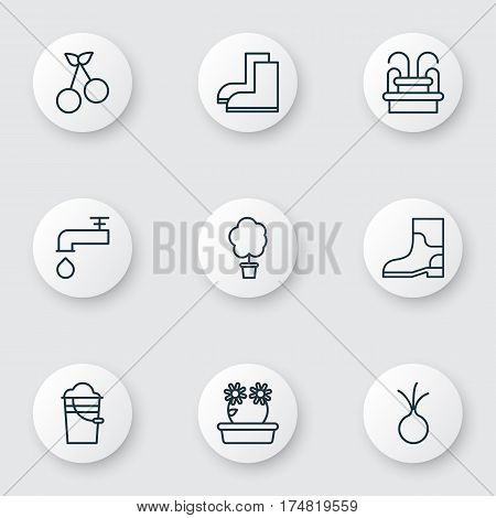Set Of 9 Gardening Icons. Includes Water Monument, Sweet Berry, Rubber Boot And Other Symbols. Beautiful Design Elements.