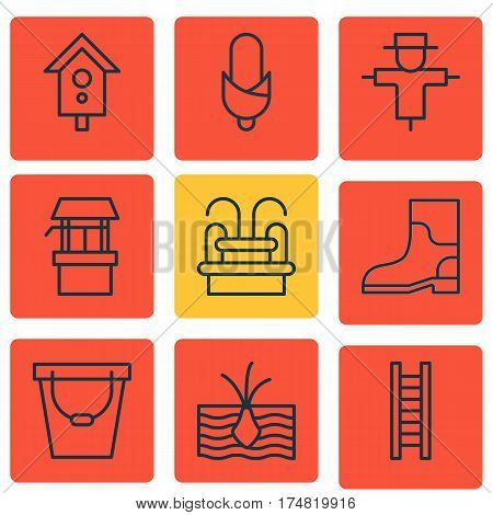 Set Of 9 Agriculture Icons. Includes Stairway, Bugbear, Water Monument And Other Symbols. Beautiful Design Elements.