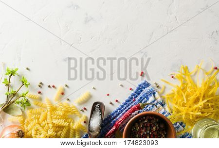 Bright Picture With Different Varieties Of Pasta And Lasha. Spices And Seasonings For Cooking.