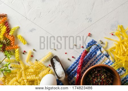 Bright Picture With Different Varieties Of Pasta And Lasha. Spices And Seasonings For Cooking.
