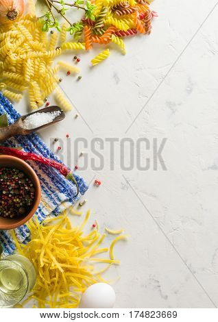 Bright Picture With Different Varieties Of Pasta And Lasha. Spices And Seasonings For Cooking.