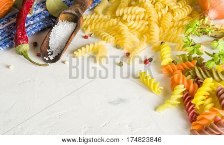 Bright Picture With Different Varieties Of Pasta And Lasha. Spices And Seasonings For Cooking.