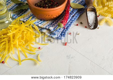 Bright Picture With Different Varieties Of Pasta And Lasha. Spices And Seasonings For Cooking.