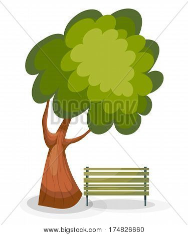 Tree and bench on a white background. Vector drawing of a green tree and a wooden bench in the park. Cartoon style. Summer scene. Stock vector illustration