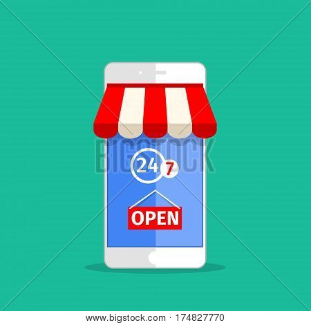 Vector e-commerce concept in flat style. On line store. Sale, smart phone with awning on green background.