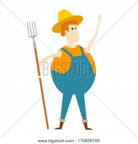 Cartoon farmer. Illustration of a cheerful farmer with a pitchfork on a white background. Stock vector illustration