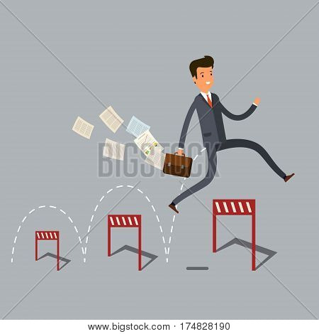 Concept of success. Businessman jumping over hurdle.