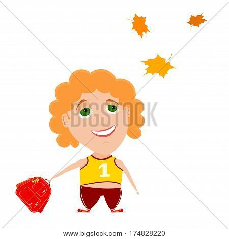 The return to school. The little boy with a red backpack looking at autumn maple leaves. Cartoon style. Stock vector illustration. Back to school