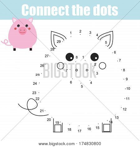 Connect the dots children educational drawing game. Dot to dot by numbers game for kids. Animals theme. Printable worksheet activity with cute pig