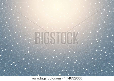 Geometric graphic background with connected lines and dots. Scientific cybernetic particle compounds. Minimal array. Lines plexus. Chemical surface pattern. Vector illustration