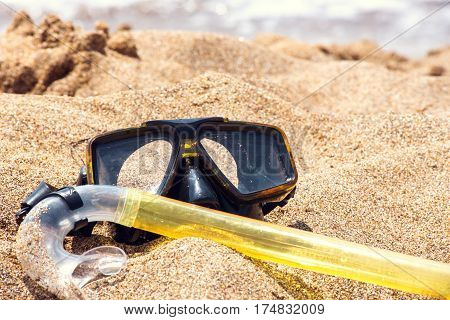 Vacation Start Here Concept, Scuba Diving Equipment On The White Sea Sand Beach.