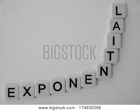 Word exponential  in black lettering on white tiles, in the shape of an exponential curve
