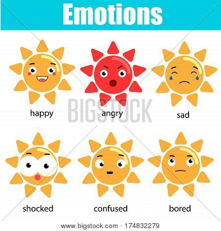Cute kawaii sun character. Vector emoji emoticons expression icons. Isolated design elements stickers. Educational infographic for children