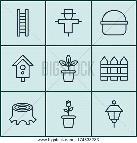 Set Of 9 Garden Icons. Includes Birdhouse, Tree Stub, Package And Other Symbols. Beautiful Design Elements.