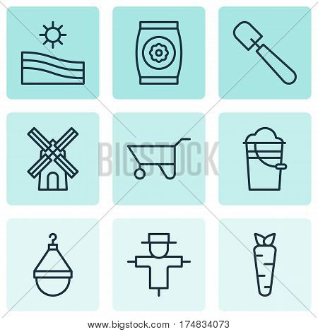 Set Of 9 Gardening Icons. Includes Hanger, Wheelbarrow, Bugbear And Other Symbols. Beautiful Design Elements.