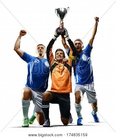 Professional soccer team with cup celebrating the victory