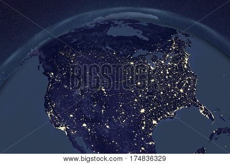 Planet Earth from space showing USA and Canada in night with enhanced bump, 3D illustration, Elements of this image furnished by NASA