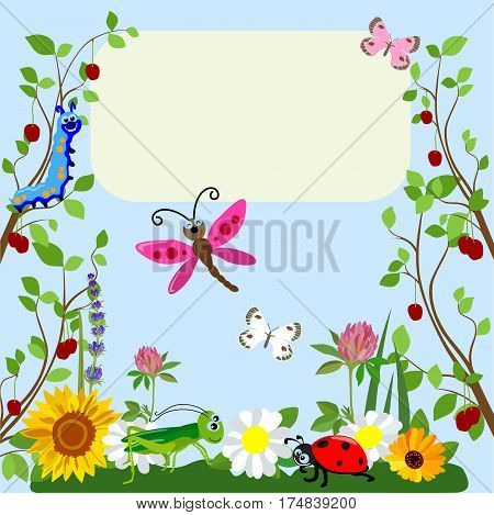 Funny cartoon insects with a place for an inscription on a background of green grass and flowers.