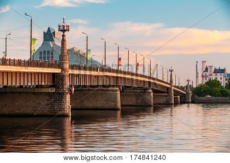 Riga, Latvia. Akmens Tilts - Stone Bridge Street At Sunset Or Sunrise Time At Summer