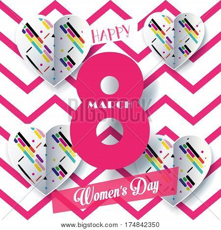 8 March Happy Women's Day. Eighth March Greeting card Spring Holiday. Futuristic, design. Number Eight isolated logo, hearts, magenta zigzag, geometric, wavy, stylish background. Trendy style. Fashion Vector decoration