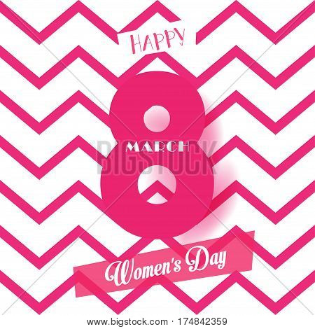 8 March Happy Women's Day. Eighth March Greeting card Spring Holiday. Futuristic trendy design. Number Eight isolated logo, hearts, zigzag, geometric, wavy, stylish magenta background. Trendy style. Fashion Vector decoration