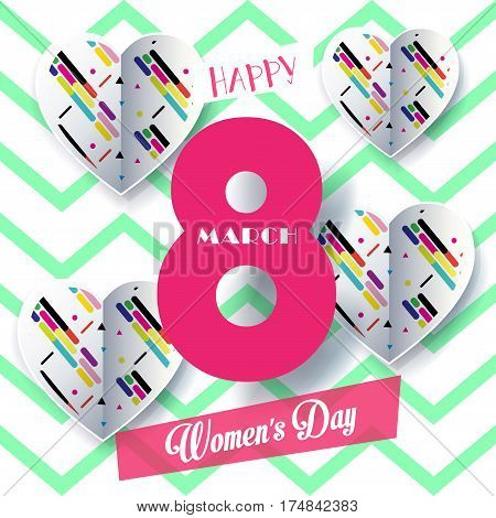 8 March Happy Women's Day. Eighth March Greeting card Spring Holiday. Futuristic, design. Number Eight isolated logo, hearts, zigzag, geometric, wavy, stylish background. Trendy style. Fashion Vector decoration