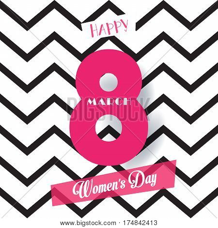 8 March Happy Women's Day. Eighth March Greeting card Spring Holiday. Futuristic, design. Number Eight isolated logo, hearts, black stripes zigzag, geometric, wavy, stylish background. Trendy style. Fashion Vector decoration