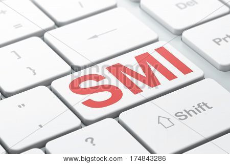 Stock market indexes concept: computer keyboard with word SMI, selected focus on enter button background, 3D rendering