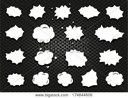 Isolated abstract black and white color comics speech balloons icons collection on checkered background, dialogue boxes signs set, dialog frames vector illustration.