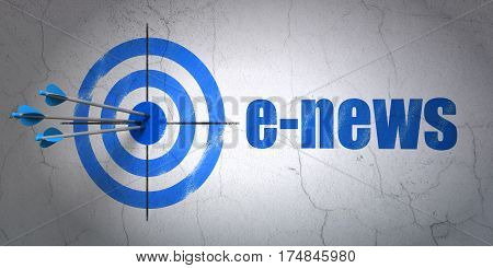 Success news concept: arrows hitting the center of target, Blue E-news on wall background, 3D rendering