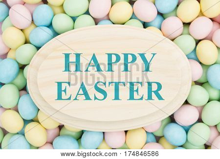 Old fashion Easter greeting Retro Easter eggs candy with wood plaque text Happy Easter