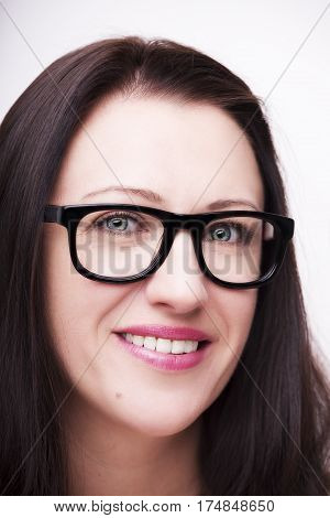 Beautiful Young Woman Wearing Glasses Close-up Isolated On White Background.