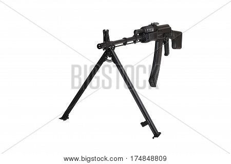 Weapon - A close up black Assault rifle on a bipod on a white background. It is isolated the worker of paths is present.