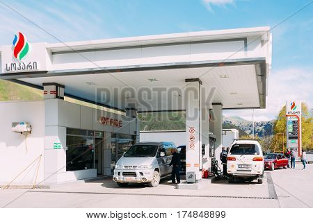 Kazbegi, Georgia - May 22, 2016: Mitsubishi Cars refuel at gas station of SOCAR. State Oil Company of Azerbaijan Republic is a wholly state-owned national oil company headquartered in Baku, Azerbaijan
